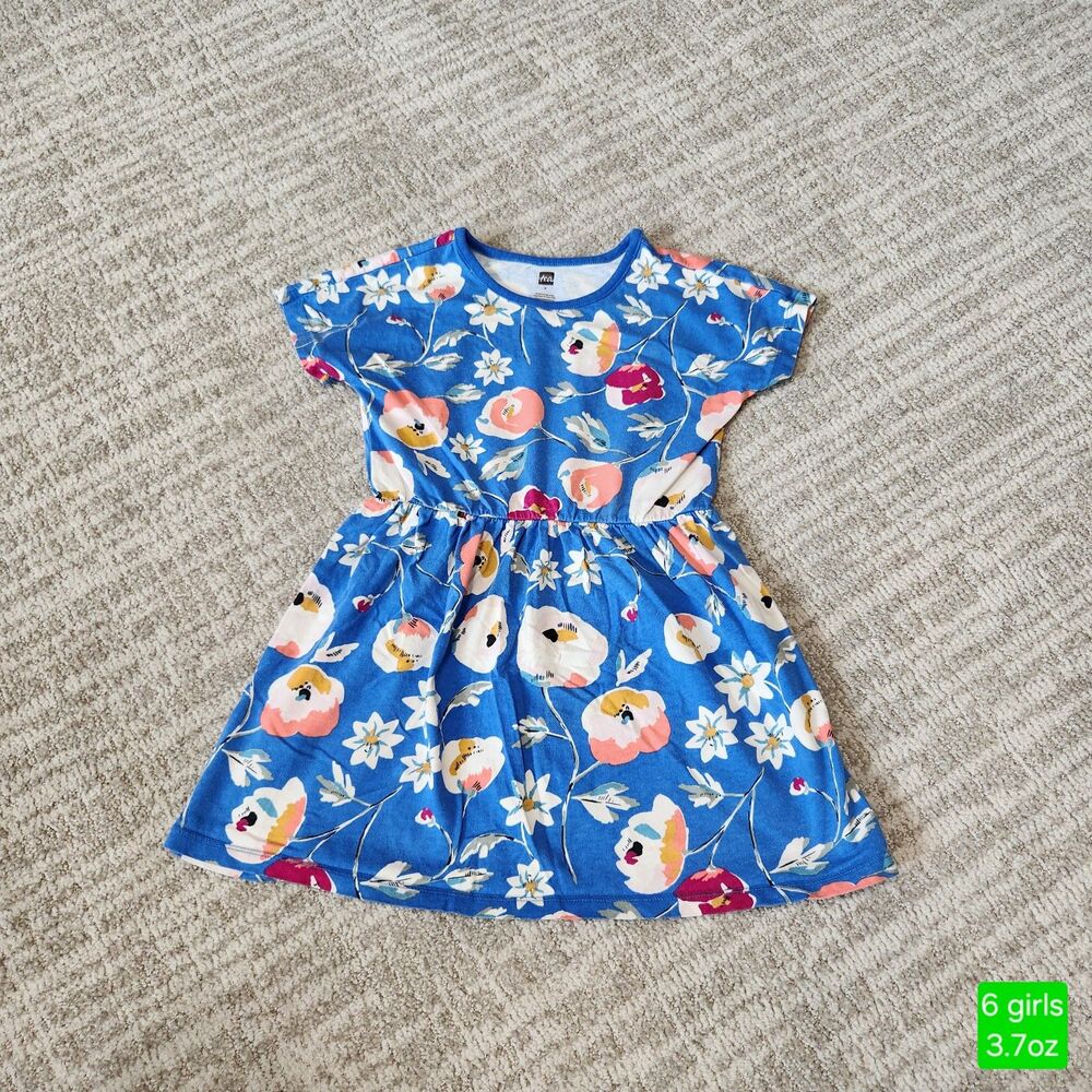 Tea Collection girl's blue floral short sleeve cotton dress size 5